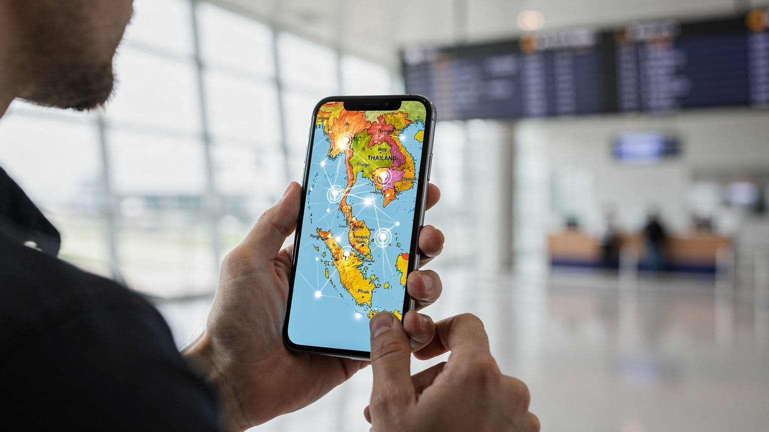 Osoba trzymająca smartfon, na ekranie którego widać mapę Tajlandii z zaznaczonymi punktami łączności, symbolizującymi dostęp do internetu podczas podróży.