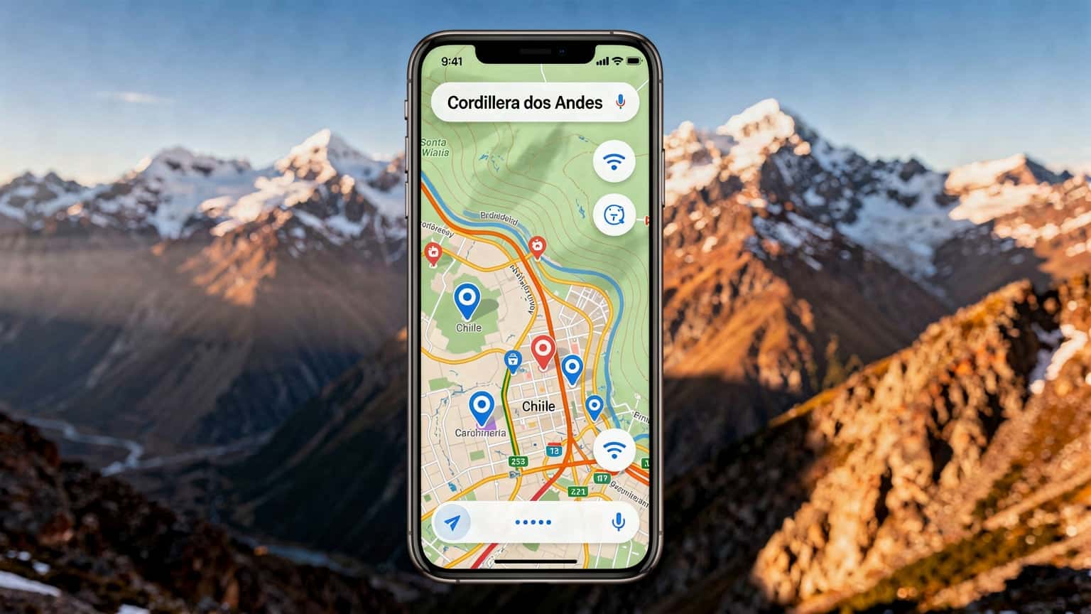 Vista panorâmica da Cordilheira dos Andes no Chile com um telemóvel mostrando opções de conectividade.