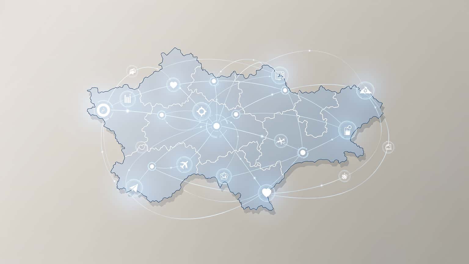 Mapa Severní Makedonie s digitálními symboly datového připojení, ilustrující moderní cestování s eSIM.