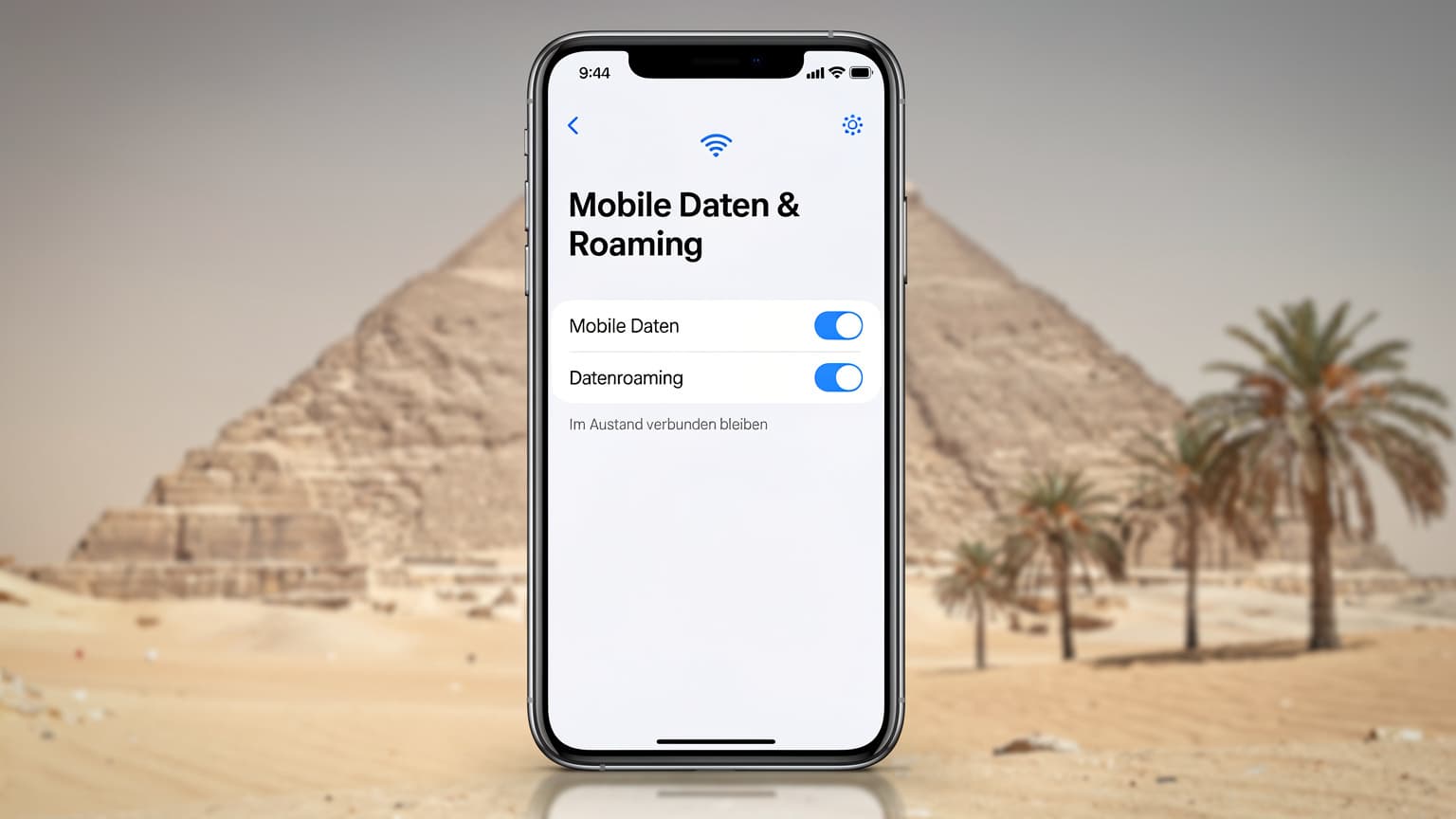 Moderne Smartphone-Benutzeroberfläche zeigt Konnektivität und Roaming-Einstellungen vor dem Hintergrund einer stilisierten ägyptischen Landschaft mit Pyramiden und Palmen.