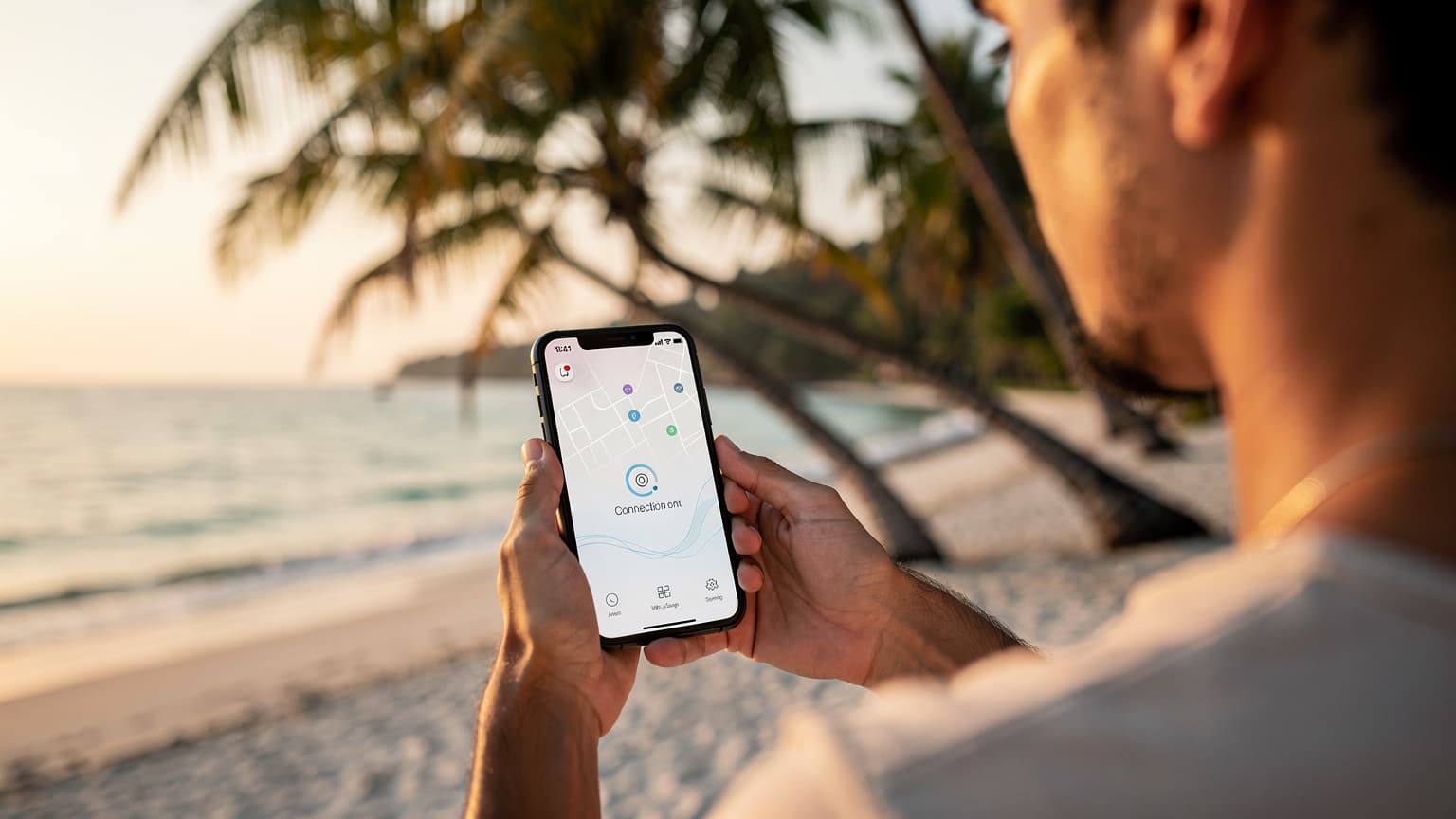 En person holder en smartphone op mod en thailandsk strand i baggrunden, der symboliserer forbindelse under rejsen.
