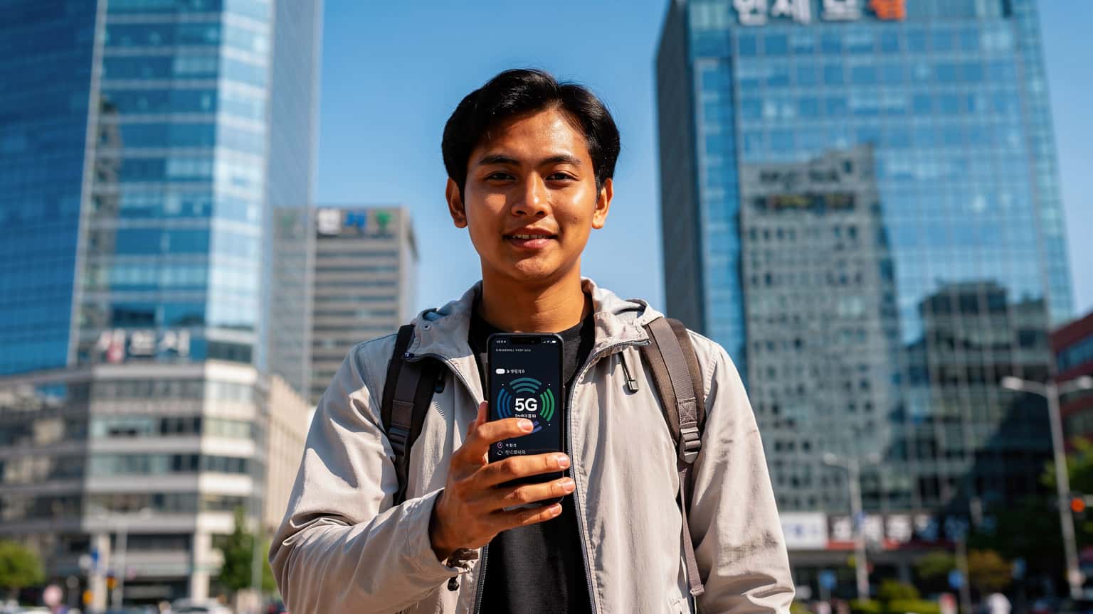 Seorang traveler Indonesia sedang menggunakan ponselnya di depan pemandangan kota Seoul, Korea Selatan, dengan ikon sinyal seluler yang kuat.