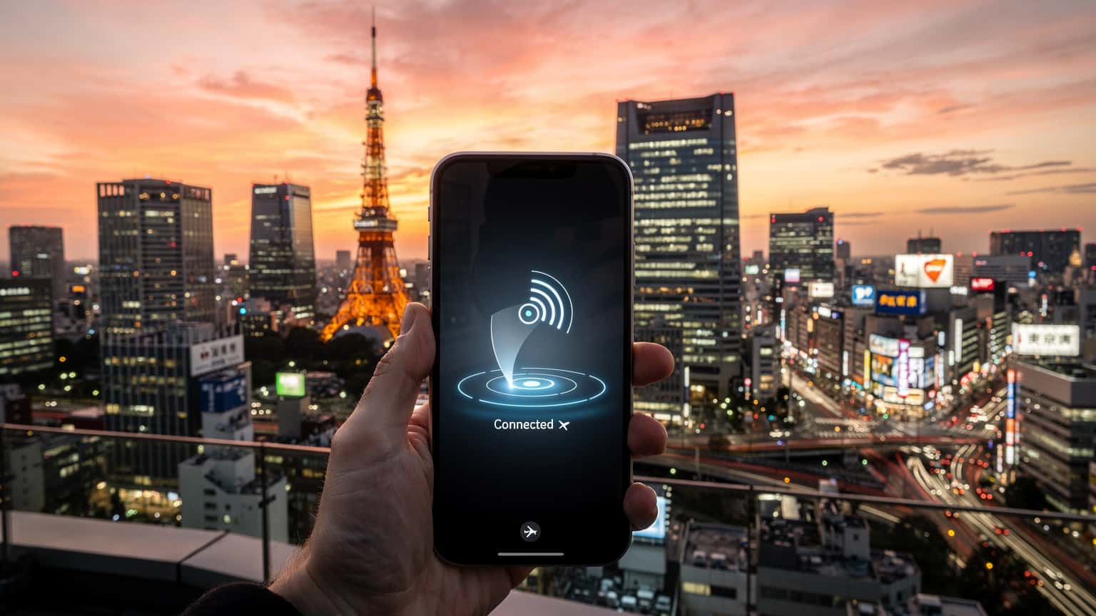 Eine moderne Skyline von Tokio bei Sonnenuntergang mit einem Smartphone im Vordergrund, das eine digitale Verbindung symbolisiert.