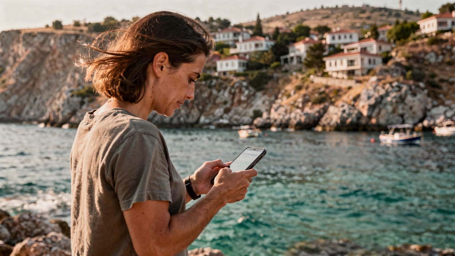 En person, der holder en smartphone op mod en smuk tyrkisk kystlinje, der symboliserer problemfri forbindelse under rejsen.