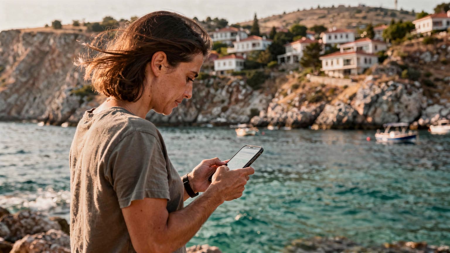En person, der holder en smartphone op mod en smuk tyrkisk kystlinje, der symboliserer problemfri forbindelse under rejsen.
