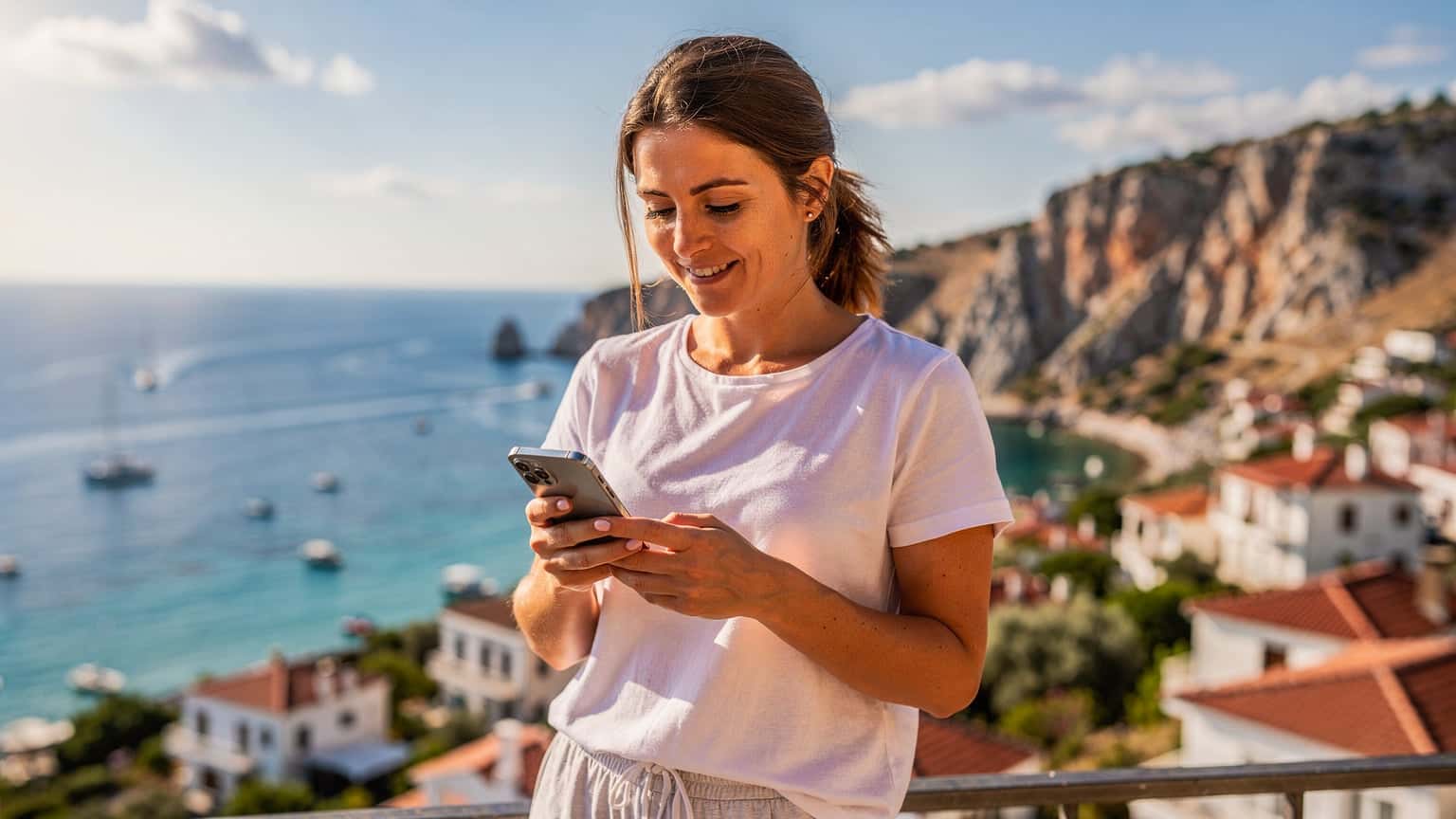 En person som sjekker mobiltelefonen sin med en kystlinje i Tyrkia i bakgrunnen, symboliserer mobilbruk på ferie.
