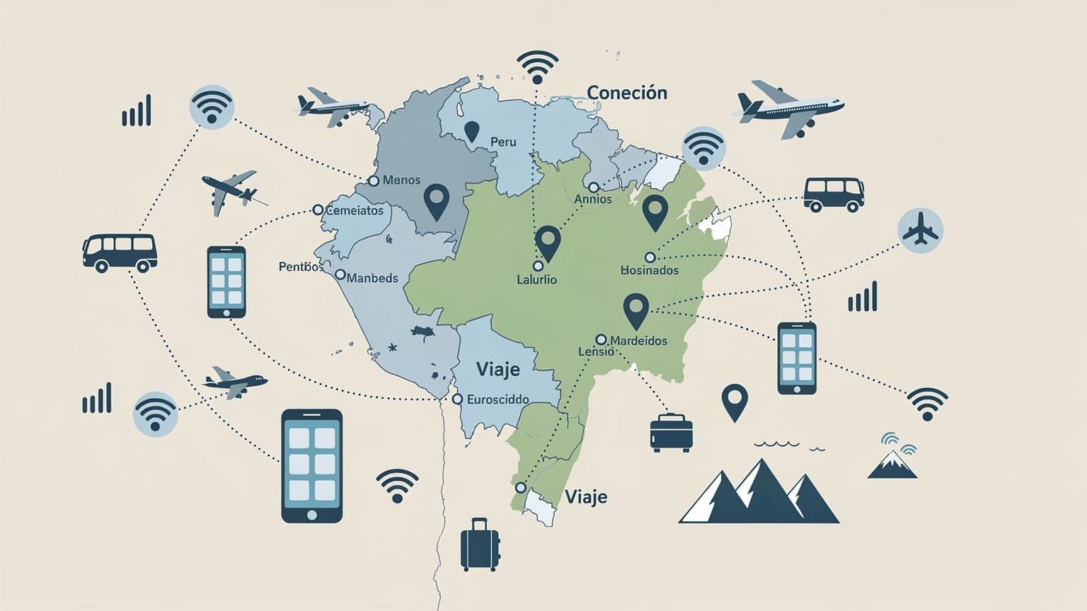 Une carte du Pérou avec des icônes de connectivité mobile et des symboles de voyage, illustrant la connectivité pendant un séjour.