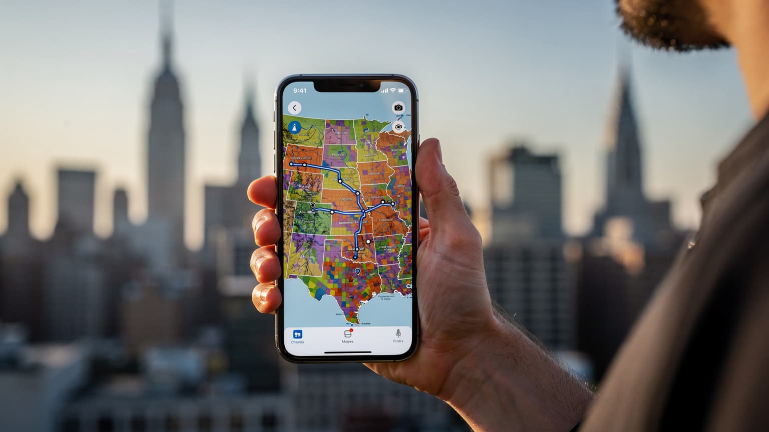 En person som håller en smartphone med en karta över USA på skärmen, med en bakgrund av en amerikansk stadssilhuett.