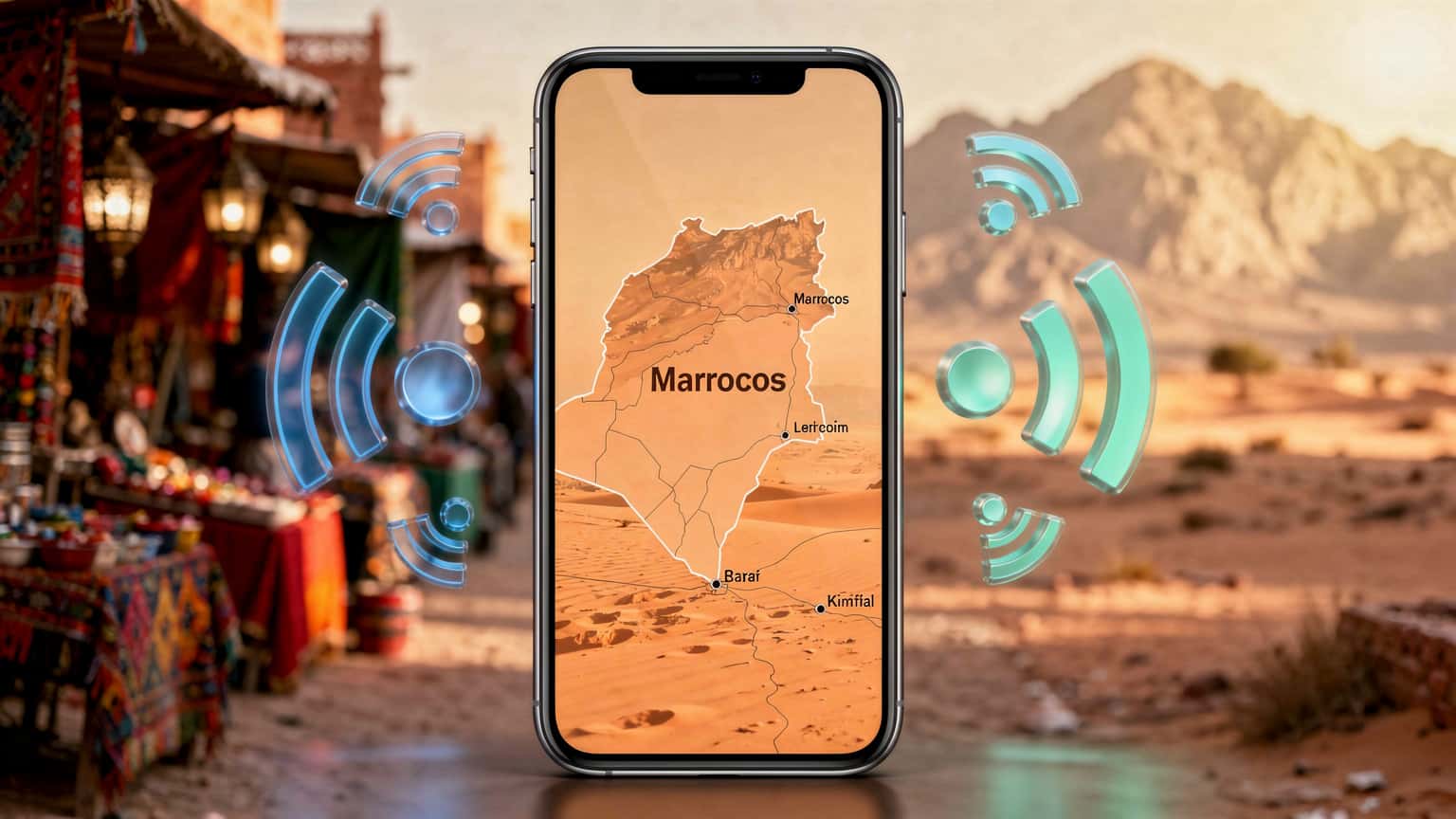 Um smartphone exibindo um mapa de Marrocos com ícones de conectividade, simbolizando roaming e eSIM para viajantes.