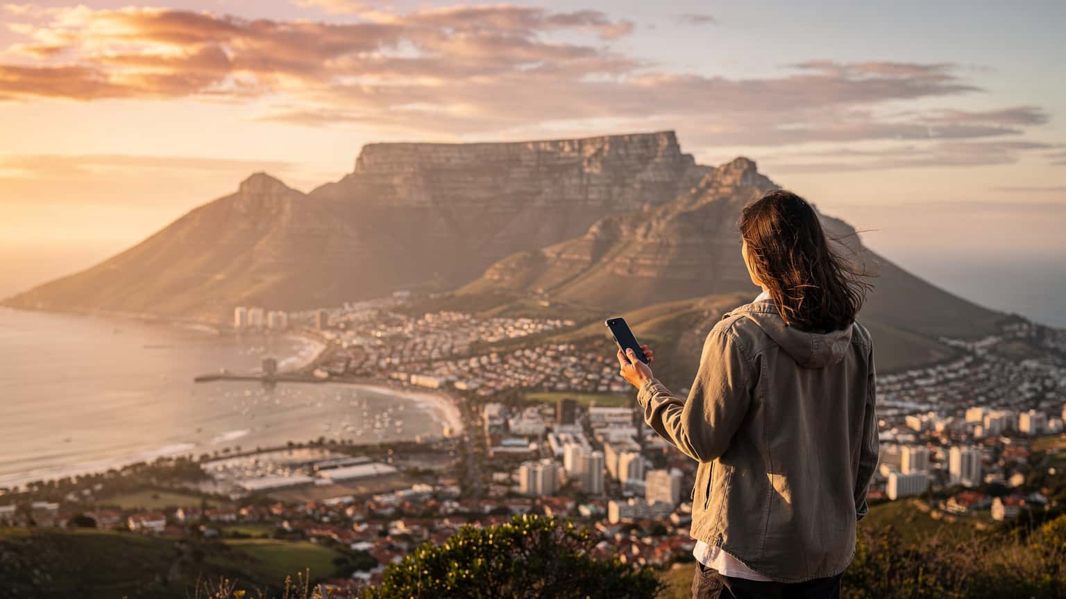 Een reiziger kijkt uit over de Tafelberg in Kaapstad, Zuid-Afrika, terwijl ze verbonden blijft met haar telefoon.