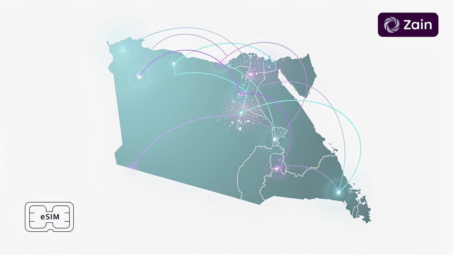 خريطة مصر مع شبكة اتصالات رقمية ترمز إلى التجوال والاتصال، مع شعار زين السعودية ورمز eSIM.