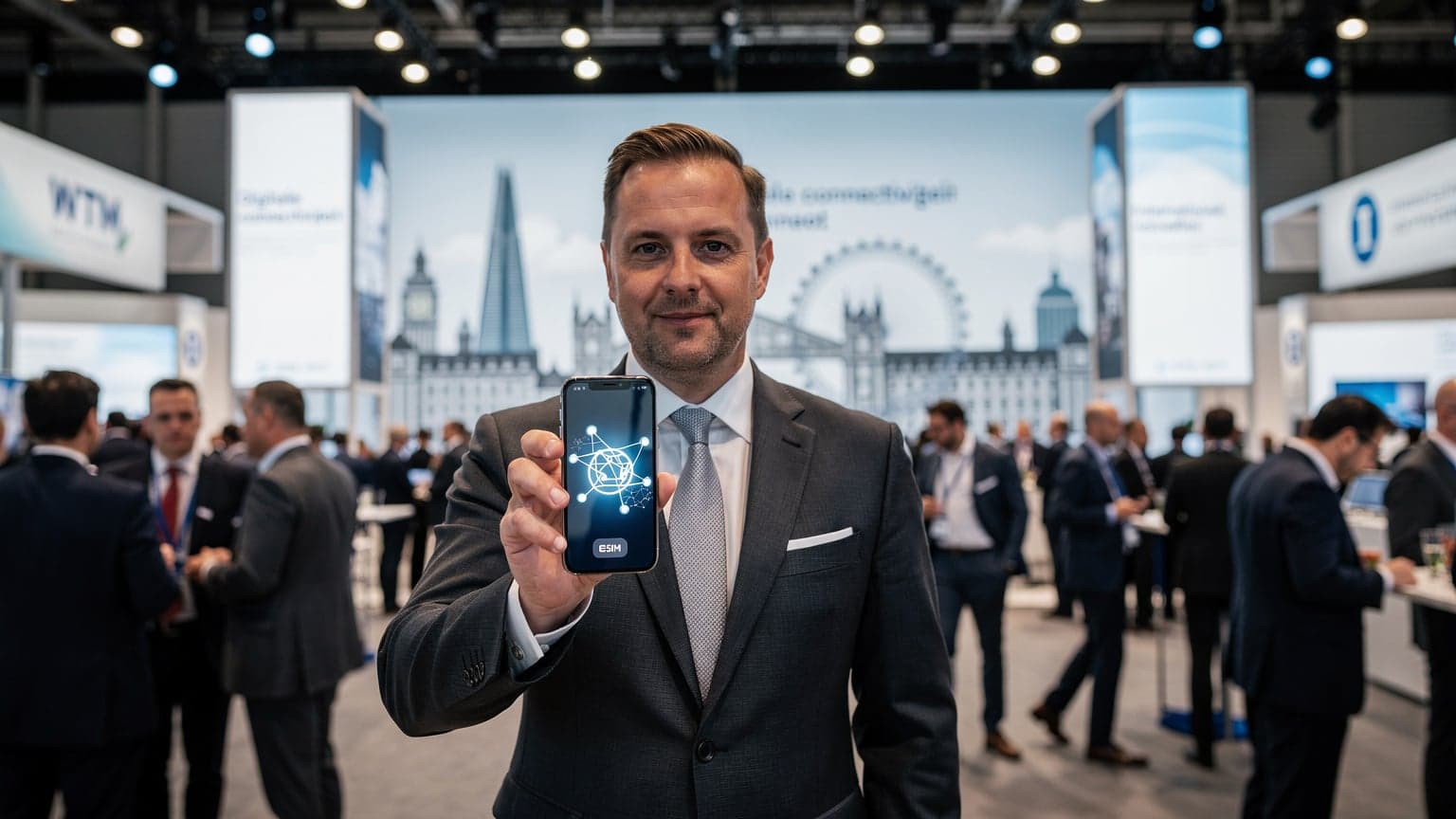 Een reisprofessional gebruikt een smartphone met een eSIM-icoon op een beursvloer, met de skyline van Londen op de achtergrond, symboliserend connectiviteit tijdens een internationaal evenement.