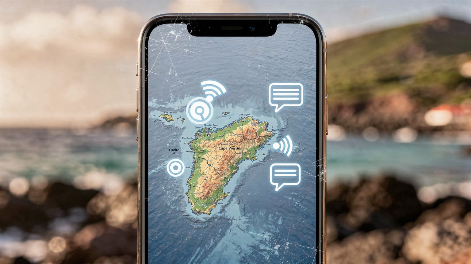 Um telemóvel exibindo um mapa de Cabo Verde com ícones de conectividade, simbolizando a comunicação durante a viagem.