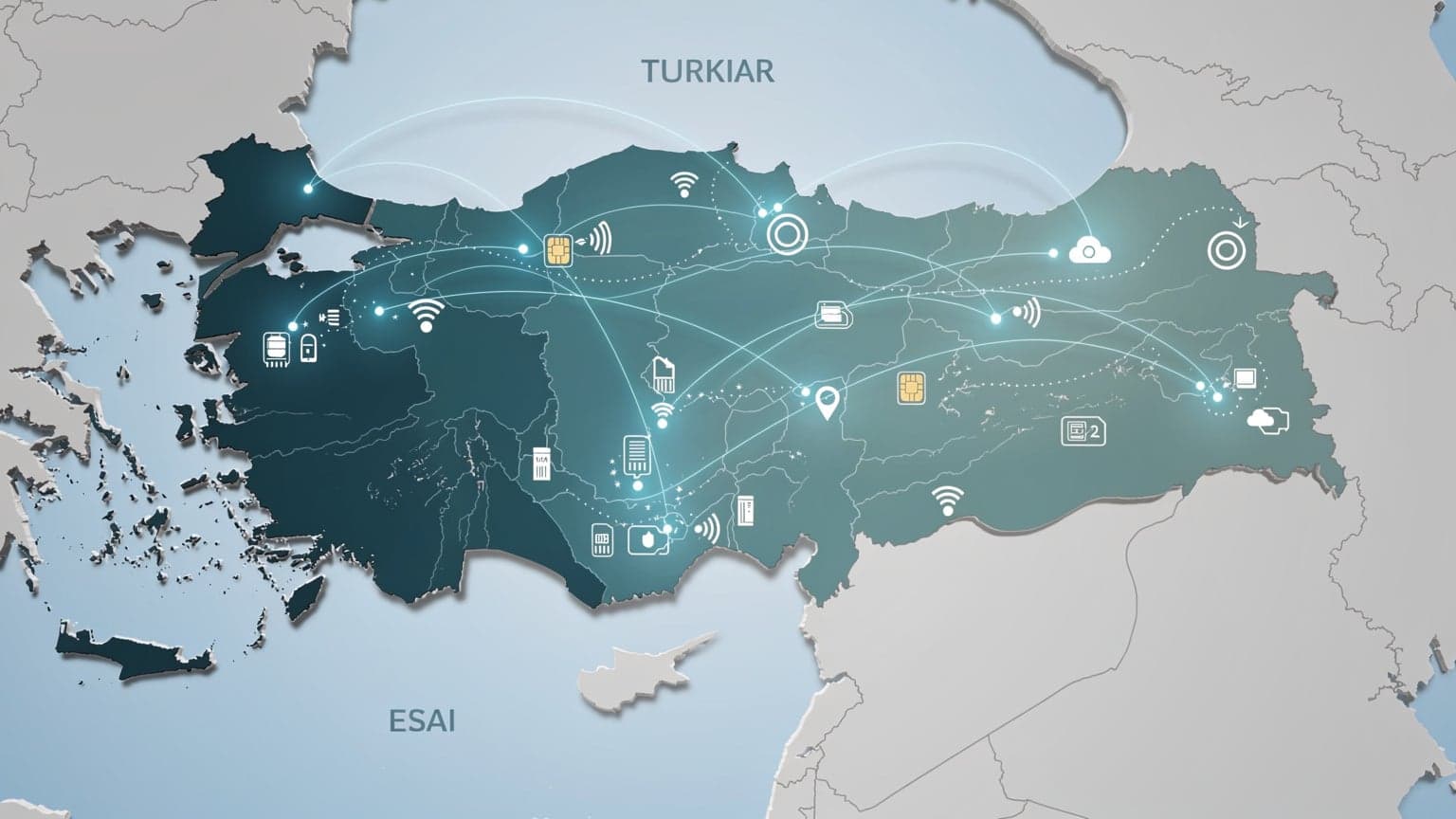 Mapa Turecka s vyznačenými dátovými trasami a symbolmi pripojenia, ilustrujúca roaming a eSIM konektivitu