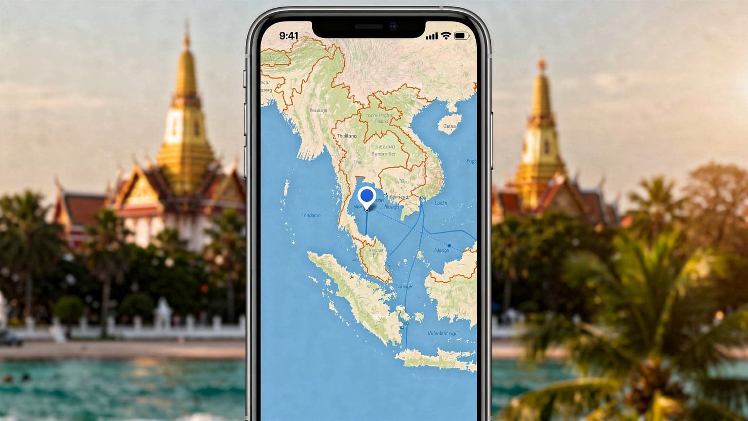 Un teléfono móvil mostrando una pantalla con un mapa de Tailandia, con iconos de conectividad y datos, simbolizando la facilidad de comunicación en el extranjero.