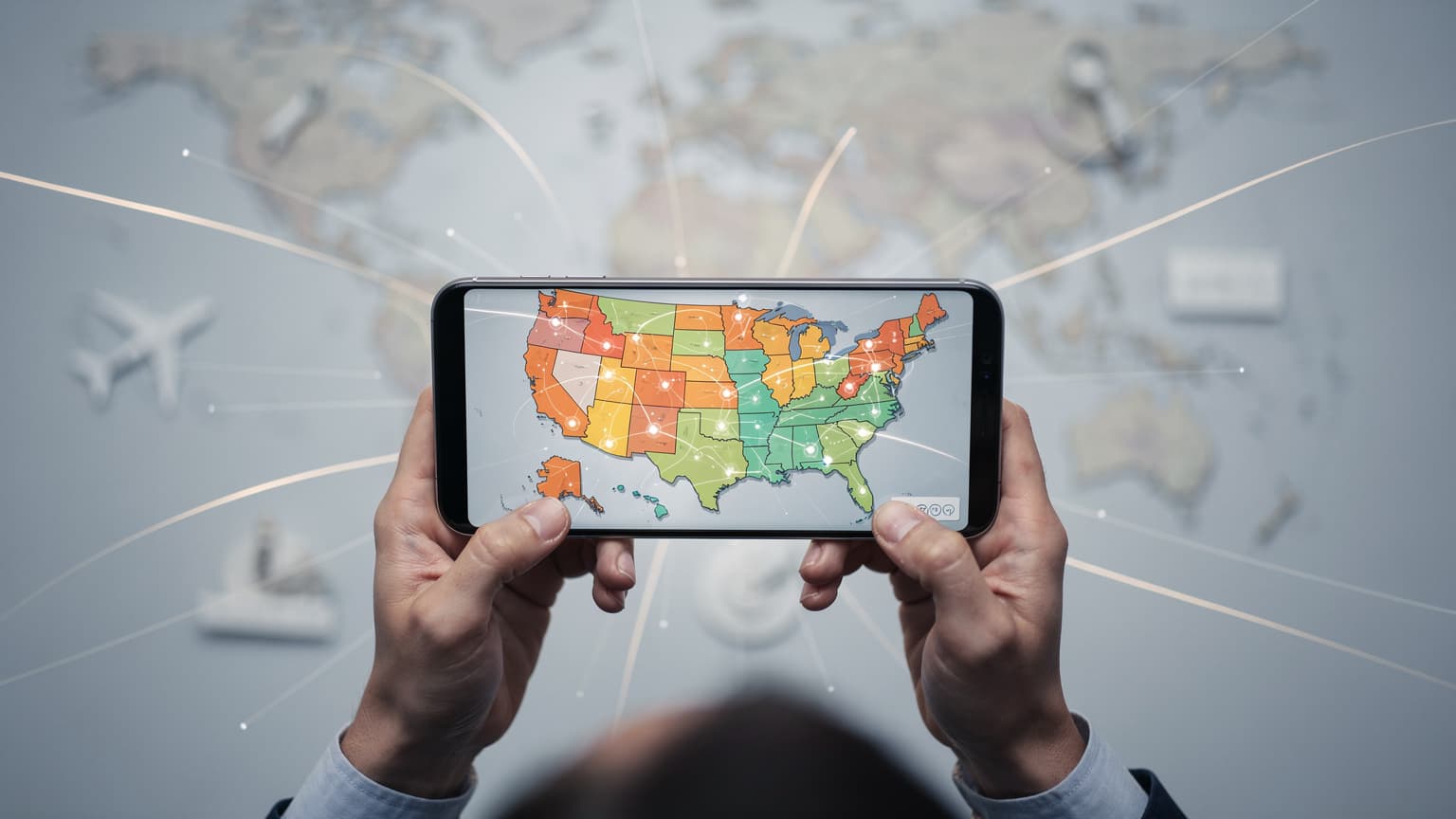 En person som holder en smarttelefon med et kart over USA på skjermen, symboliserer mobilforbindelse under reise.