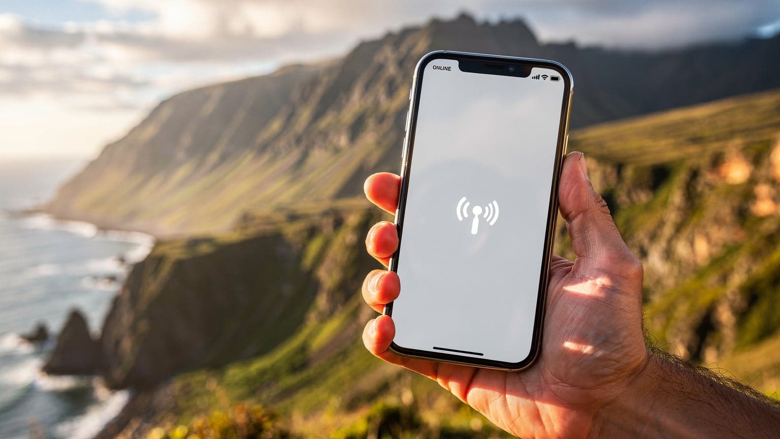 エクアドルの美しい自然と、スマートフォンを操作する人の手元。快適な通信環境をイメージさせる。