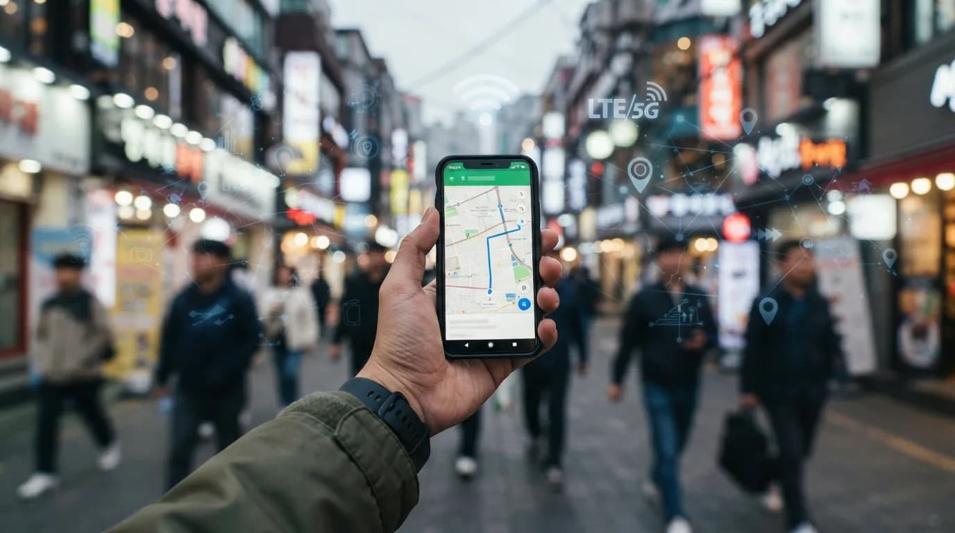 韓国の街並みでスマートフォンを操作する旅行者の手元と、背景にデータ通信のアイコンが重なっている様子