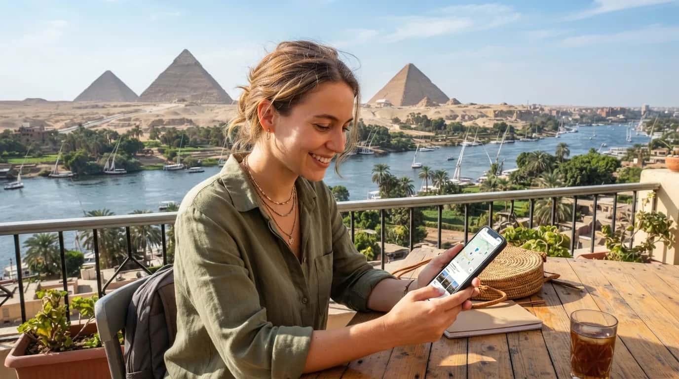 Un viajero utilizando su teléfono móvil con el río Nilo y las pirámides de Giza de fondo, simbolizando la conectividad en Egipto.