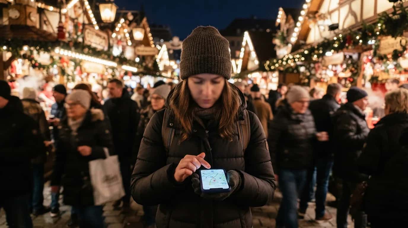 En person bruker smarttelefonen sin på et stemningsfullt julemarked i Tyskland, med fokus på å finne veien eller dele bilder.