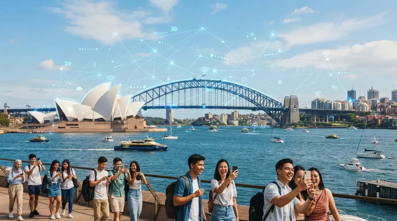 Pemandangan ikonik Australia seperti Sydney Opera House dan jambatan, dengan lapisan digital yang menunjukkan sambungan rangkaian mudah alih.