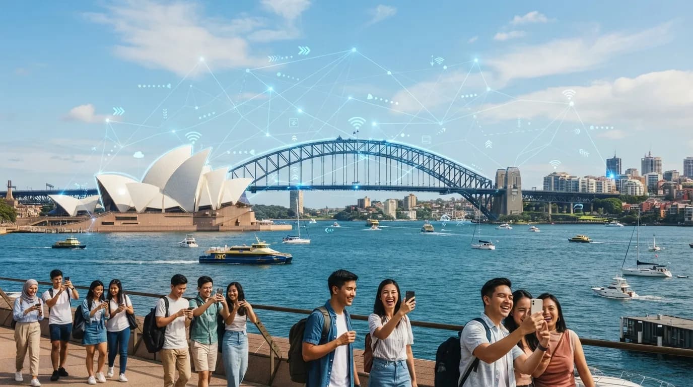 Pemandangan ikonik Australia seperti Sydney Opera House dan jambatan, dengan lapisan digital yang menunjukkan sambungan rangkaian mudah alih.