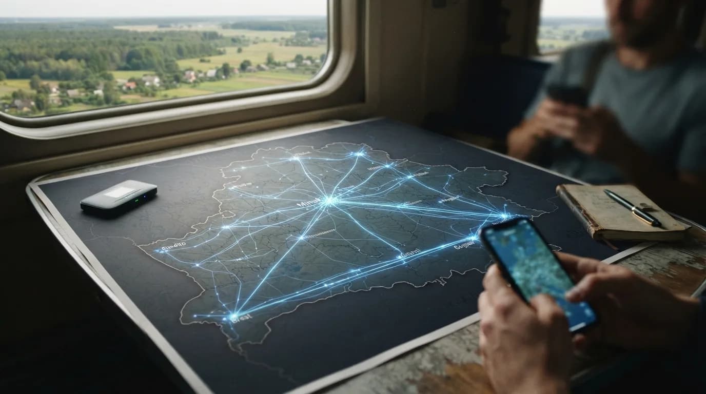 Mapa Białorusi z zaznaczonymi punktami połączeń internetowych, symbolizująca łączność w podróży.