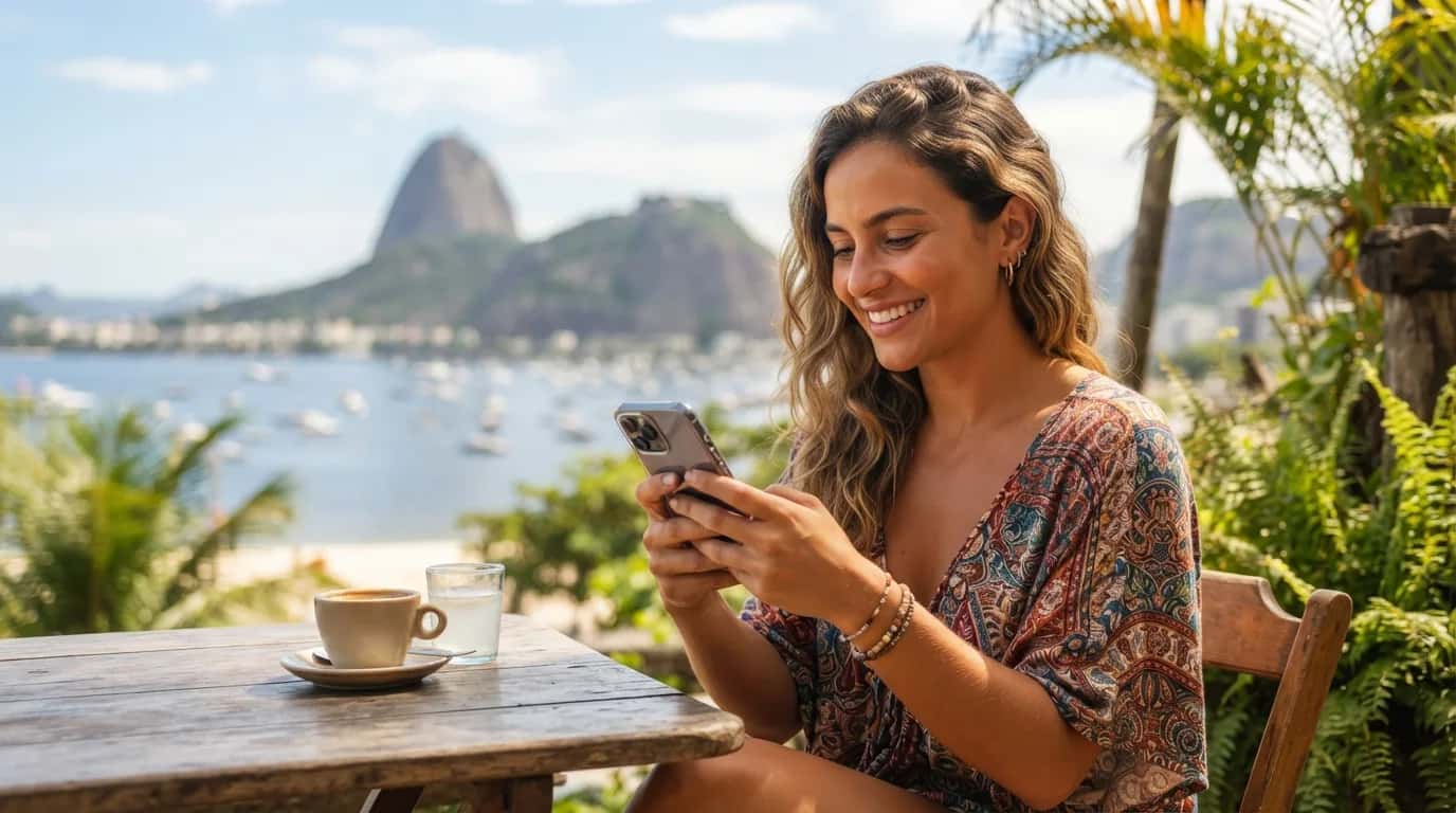 Um turista português a usar o telemóvel com o Pão de Açúcar ao fundo no Rio de Janeiro, simbolizando conectividade no Brasil.