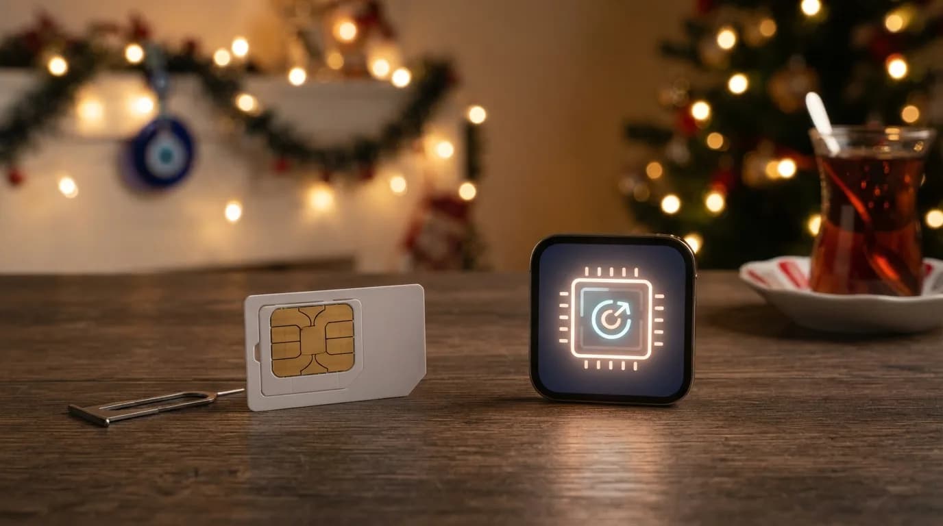 Сравнение традиционной SIM-карты и технологии eSIM на фоне новогодних украшений в Турции.