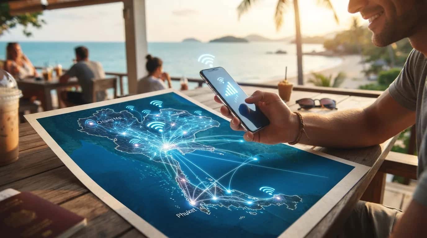 Une carte de la Thaïlande avec des icônes de connectivité mobile et des symboles de voyage, illustrant la connectivité pendant un voyage.