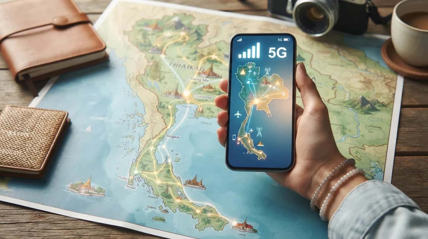 Ilustrace digitálního připojení a mapy Thajska, symbolizující mobilní data na cestách.