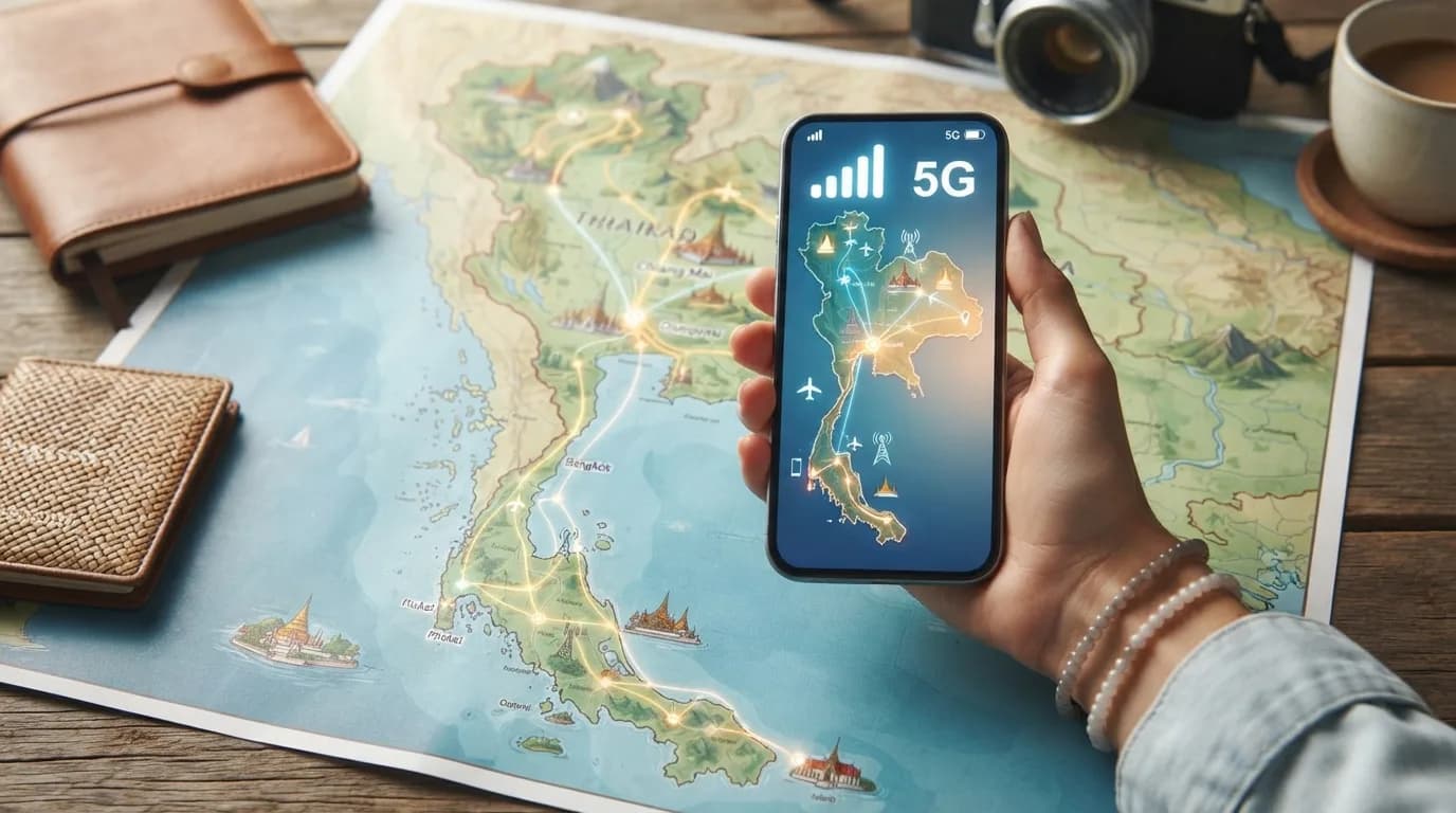 Ilustrace digitálního připojení a mapy Thajska, symbolizující mobilní data na cestách.