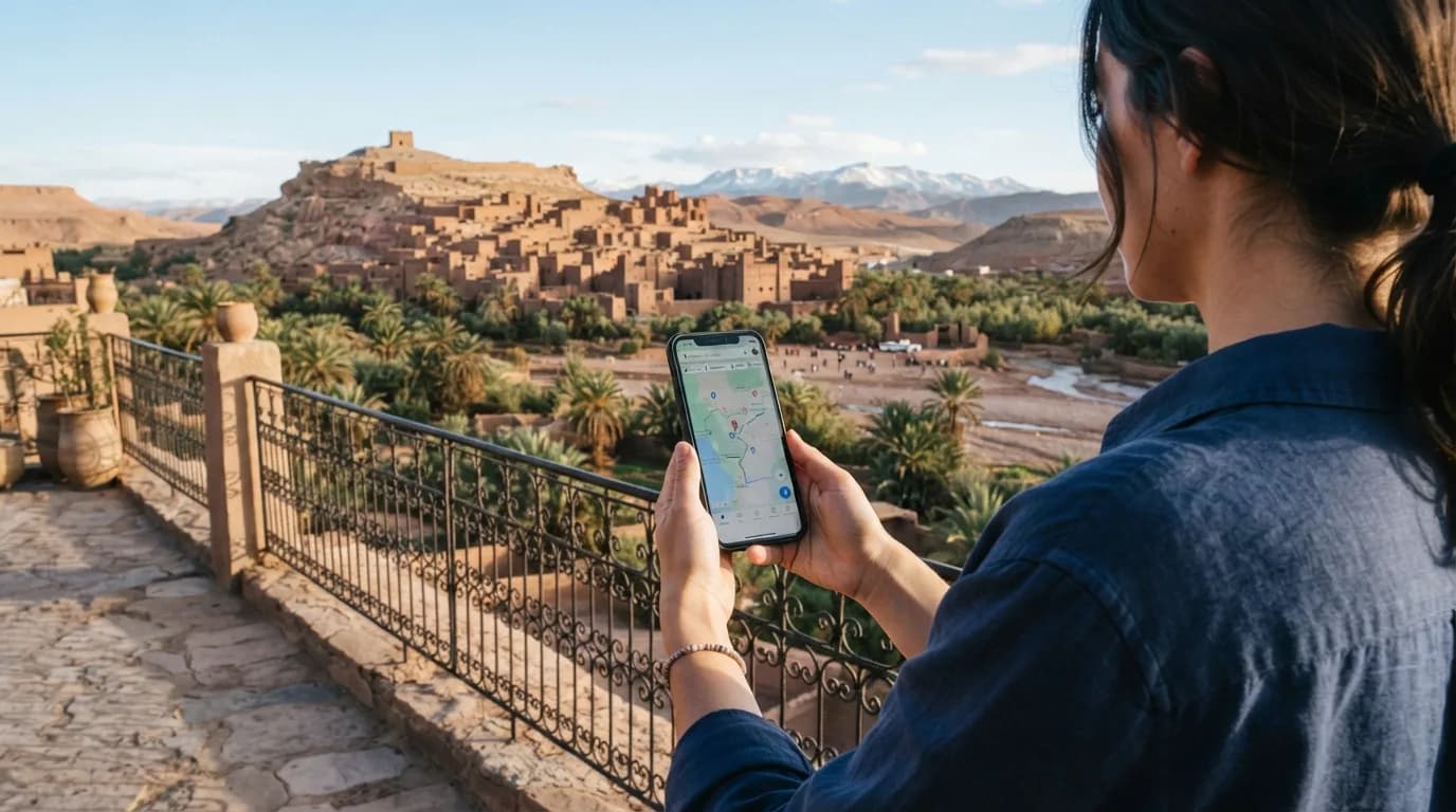 Eine Person, die ein Smartphone vor einer malerischen marokkanischen Landschaft mit traditioneller Architektur und Palmen hält, um die Konnektivität im Ausland zu symbolisieren.