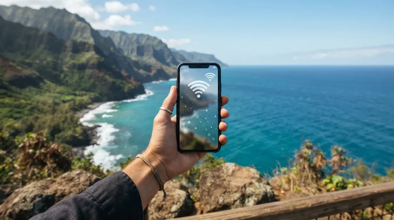 ハワイの海岸線と青い海を背景に、スマートフォンで通信サービスを利用している様子を示すイラスト