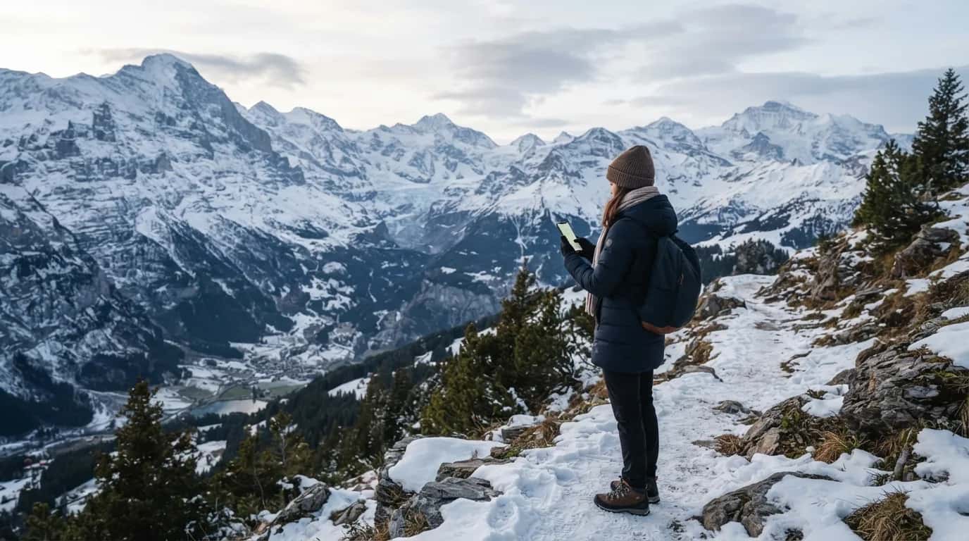 Pemandangan pergunungan salji di Switzerland dengan seseorang sedang menggunakan telefon pintar untuk kekal berhubung.