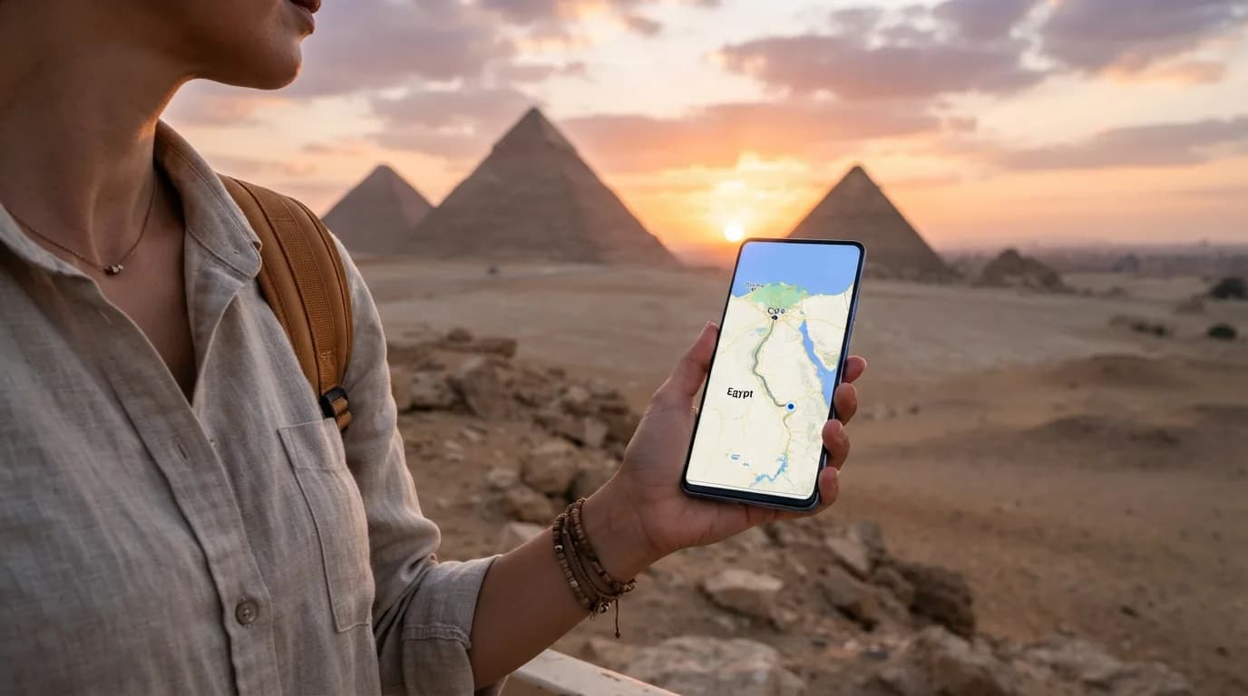 Moderný smartfón s mapou Egypta na obrazovke, v pozadí siluety pyramíd a púšte pri západe slnka, symbolizujúci dátové pripojenie na cestách.