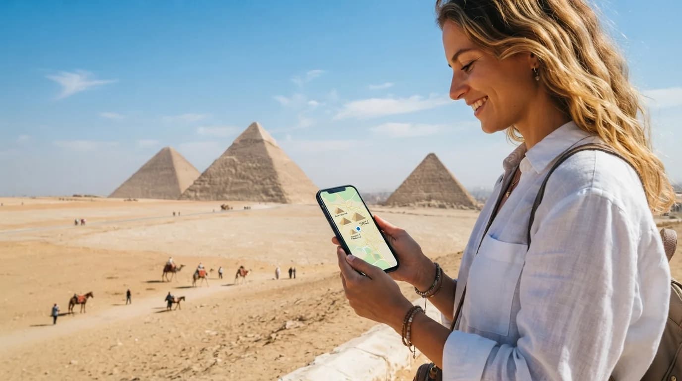 En person, der holder en smartphone op mod en baggrund af pyramider og ørkenlandskab i Egypten, symboliserende forbindelse på rejsen.