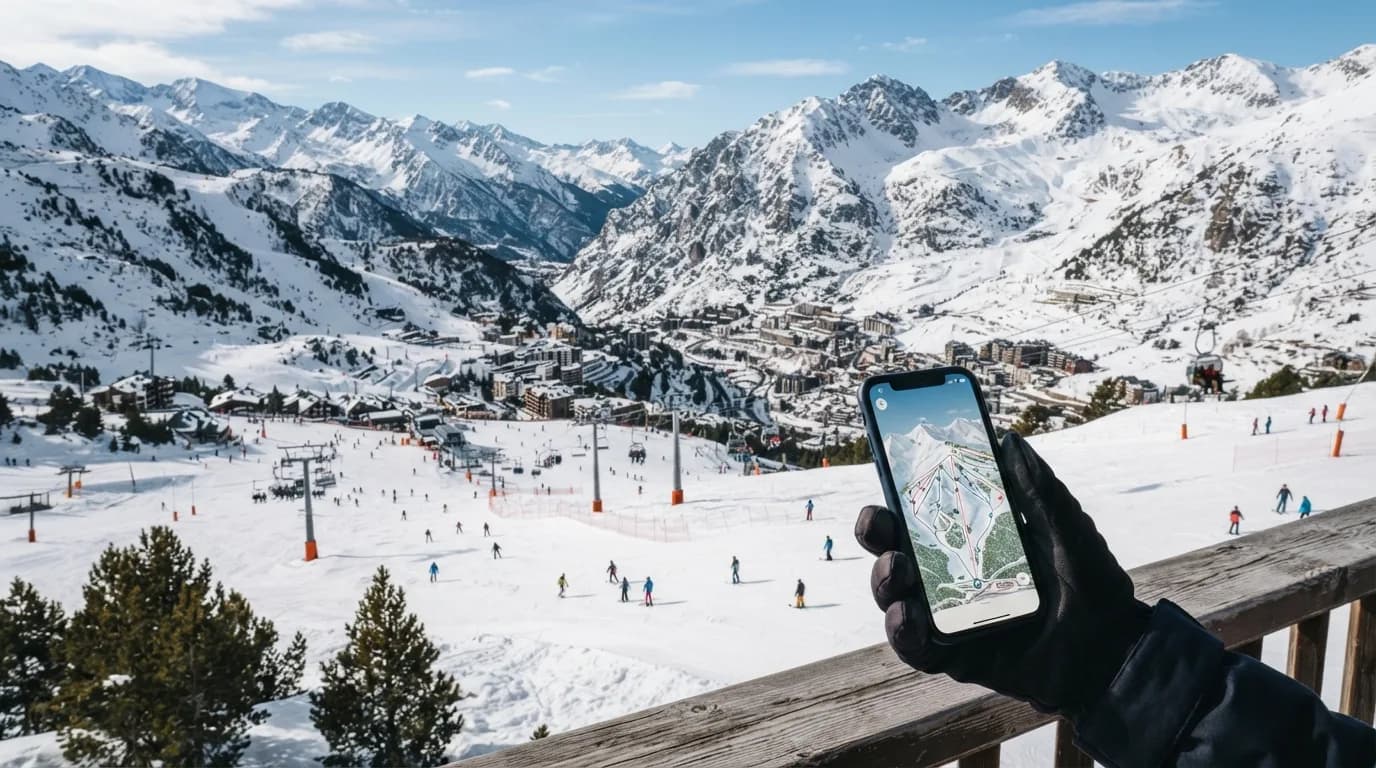 Pessoas a esquiar nas montanhas nevadas de Andorra com um smartphone na mão, simbolizando conectividade em viagem.