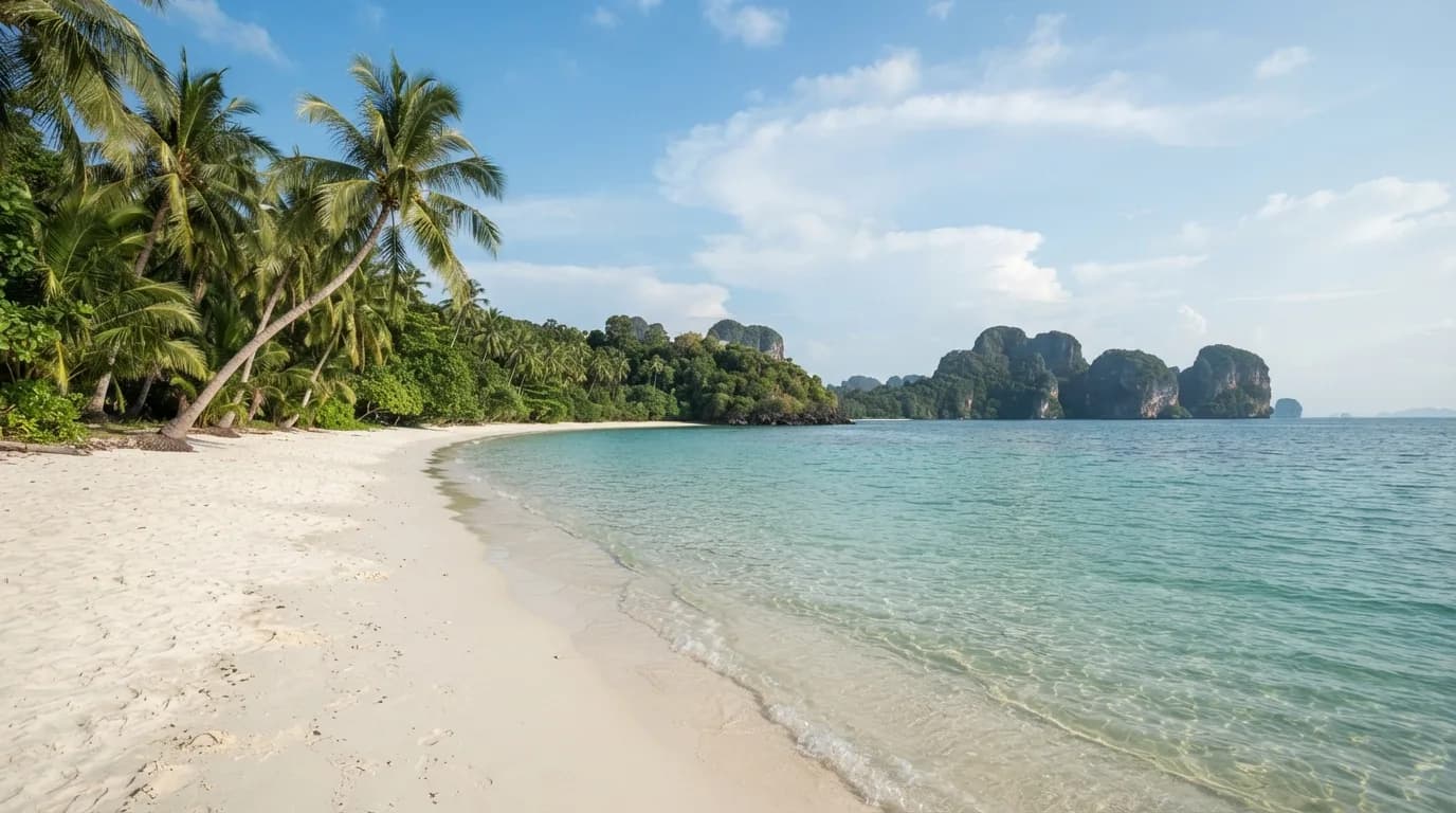 Pemandangan pantai yang indah di Thailand dengan air laut biru jernih dan pokok kelapa, sesuai untuk percutian musim sejuk.