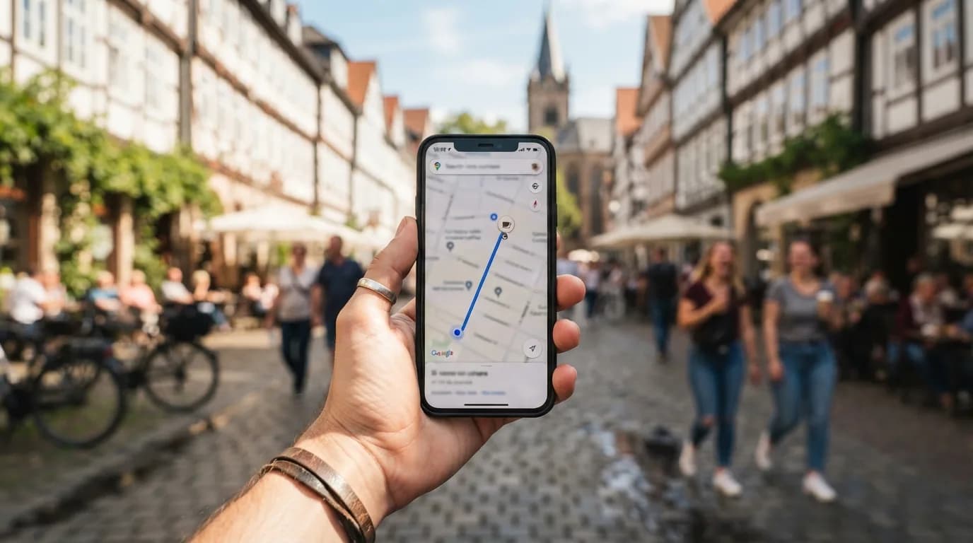 ドイツの街並みでスマートフォンを操作する旅行者の手元。背景には歴史的な建物が見える。