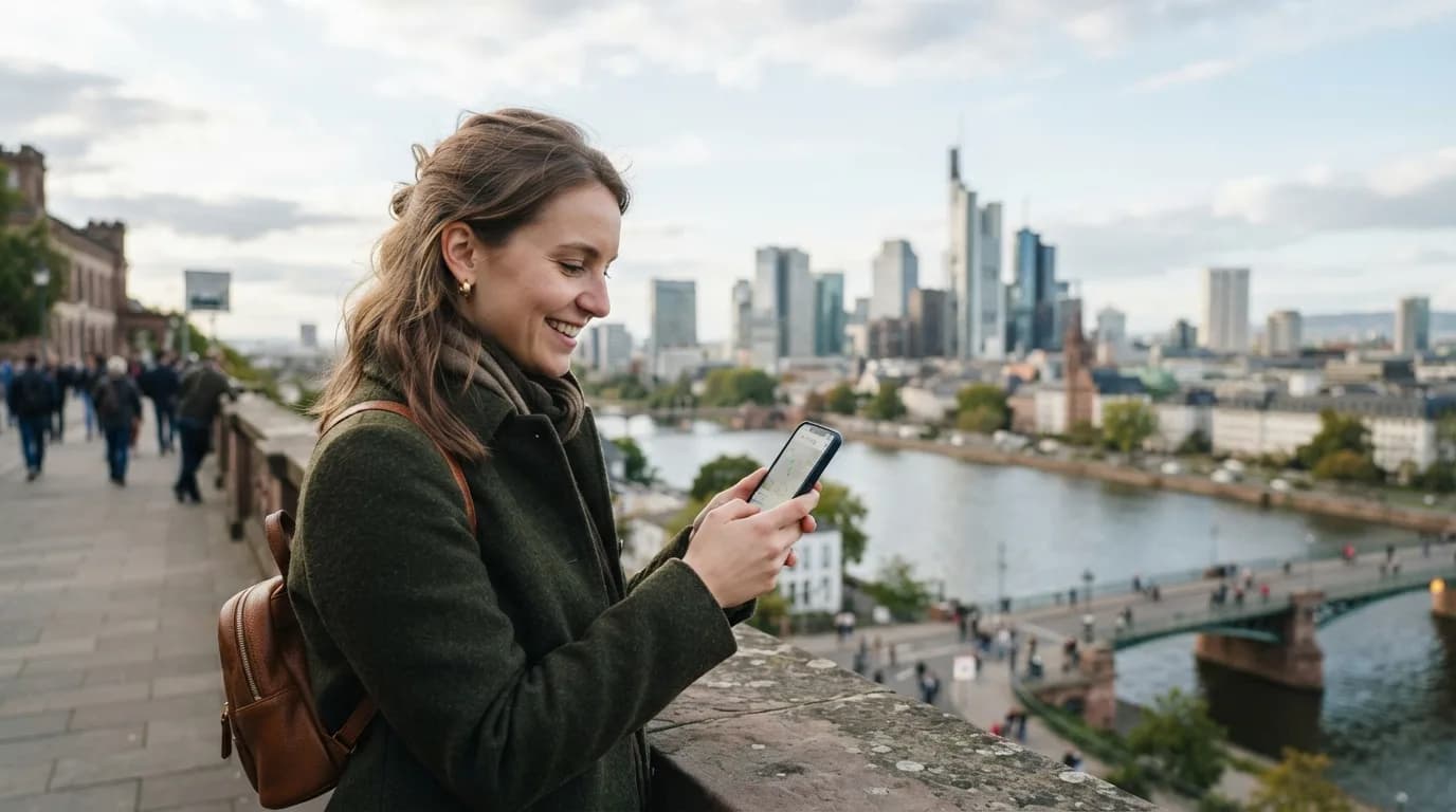 Osoba korzystająca z telefonu komórkowego na tle nowoczesnej architektury w Niemczech, symbolizującej łączność cyfrową w podróży.