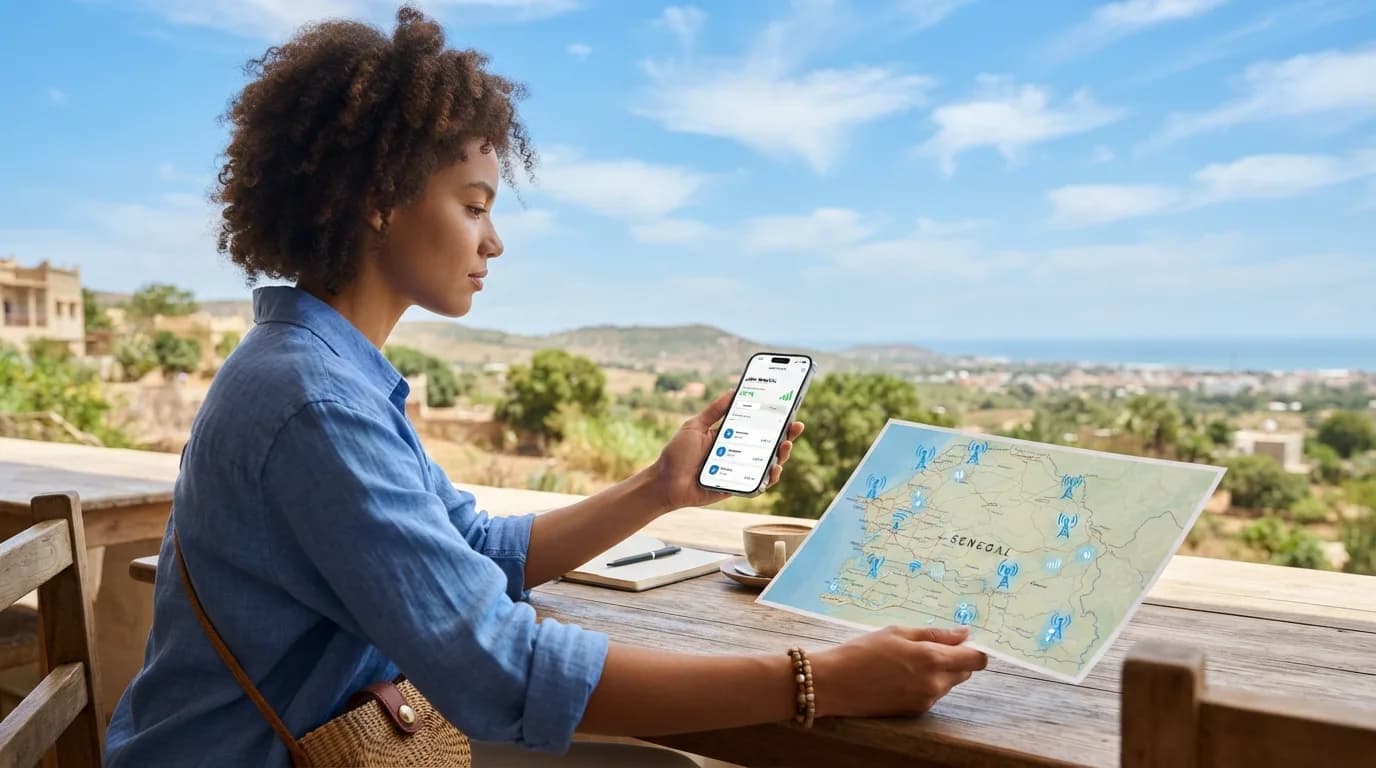 Une carte du Sénégal avec des icônes de connectivité mobile et un téléphone affichant des options d'eSIM, symbolisant la connexion en voyage.