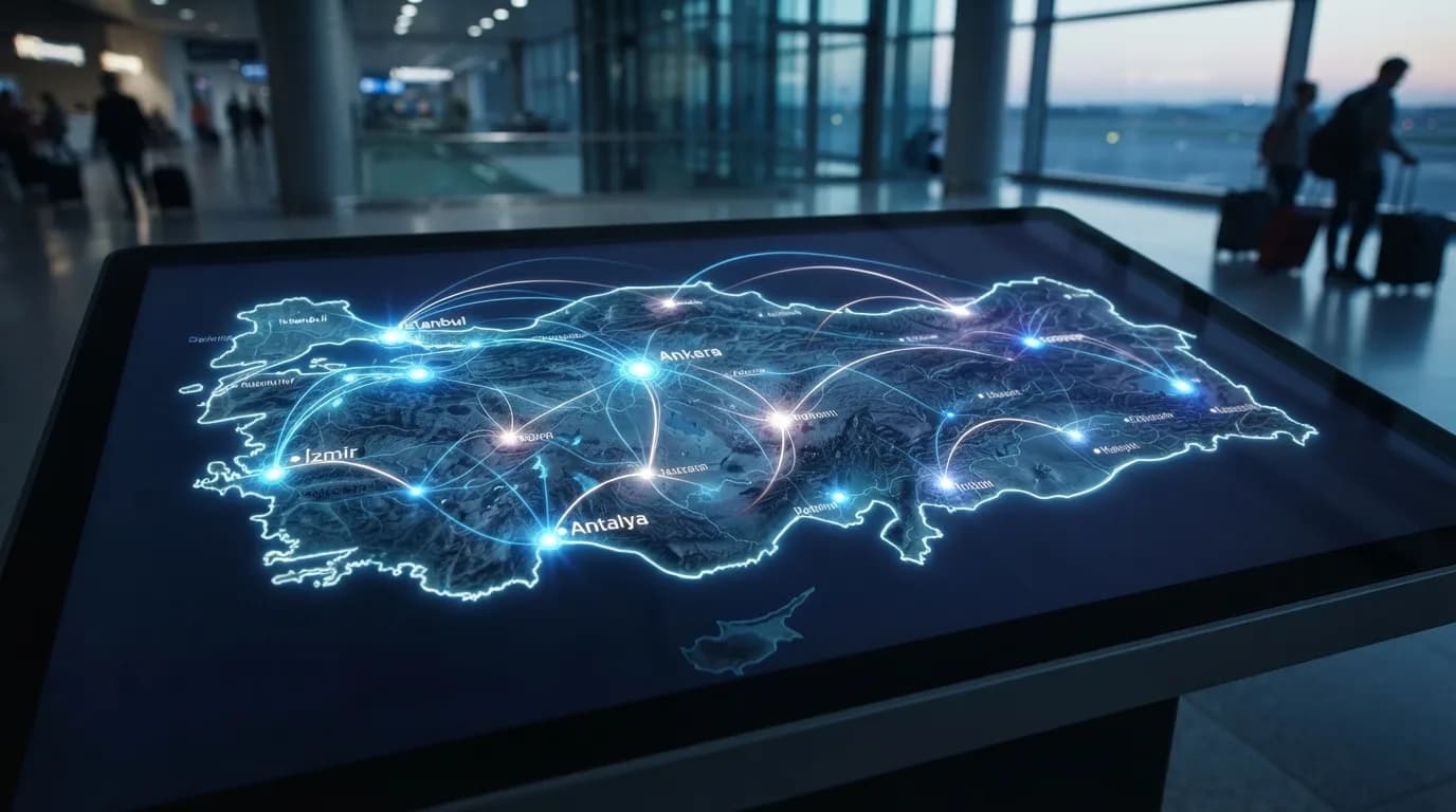 خريطة تركيا تظهر عليها نقاط اتصال رقمية، ترمز إلى الاتصال بالإنترنت أثناء السفر.