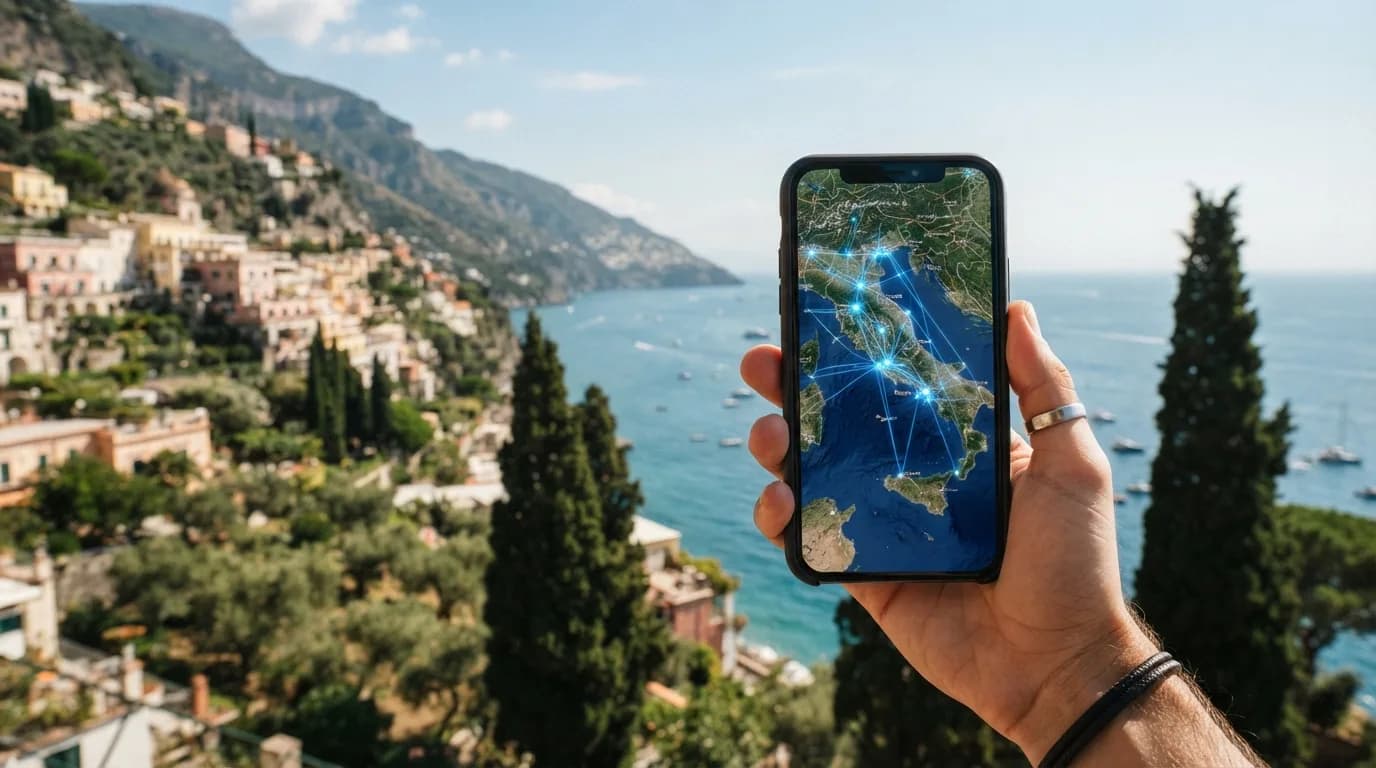 Eine Person hält ein Smartphone mit einer Karte von Italien auf dem Bildschirm, während sie im Hintergrund eine malerische italienische Landschaft betrachtet.
