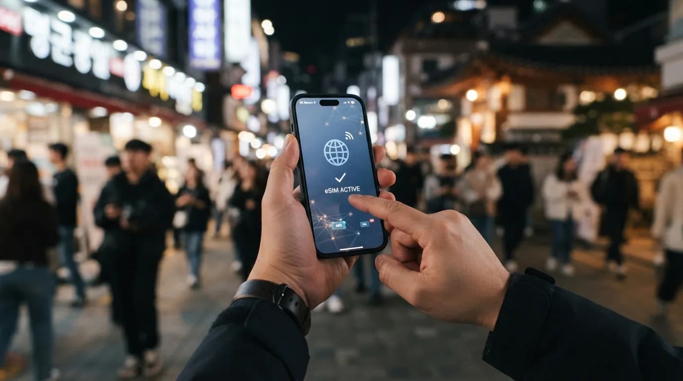 韓国の街並みとスマートフォンを操作する旅行者の手元。eSIMのアイコンが画面に表示されている。