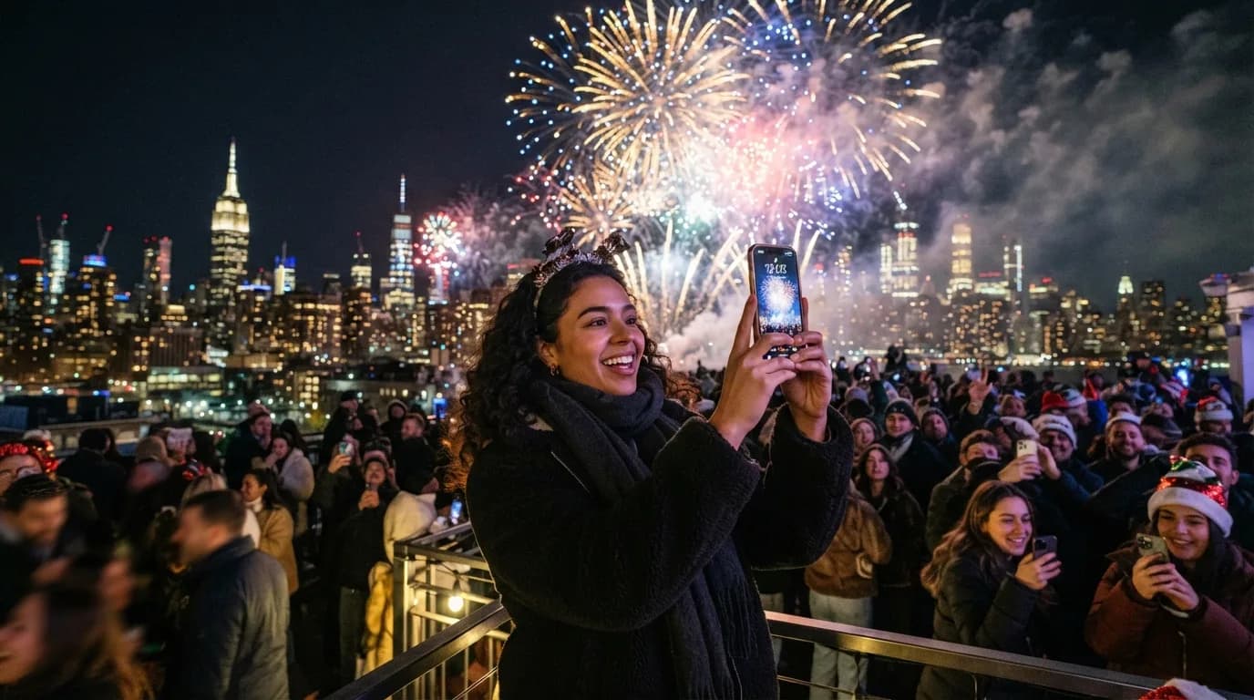 En person som holder en smarttelefon med utsikt over New Yorks skyline under en nyttårsfeiring med fyrverkeri i bakgrunnen.