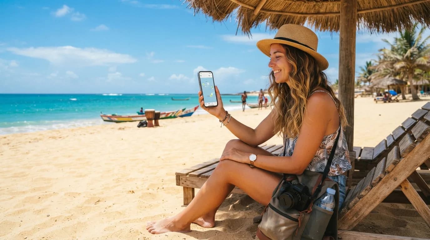 Una persona utilizando un teléfono móvil en una playa soleada de Cabo Verde, con el océano y palmeras de fondo, simbolizando la conectividad en el destino.