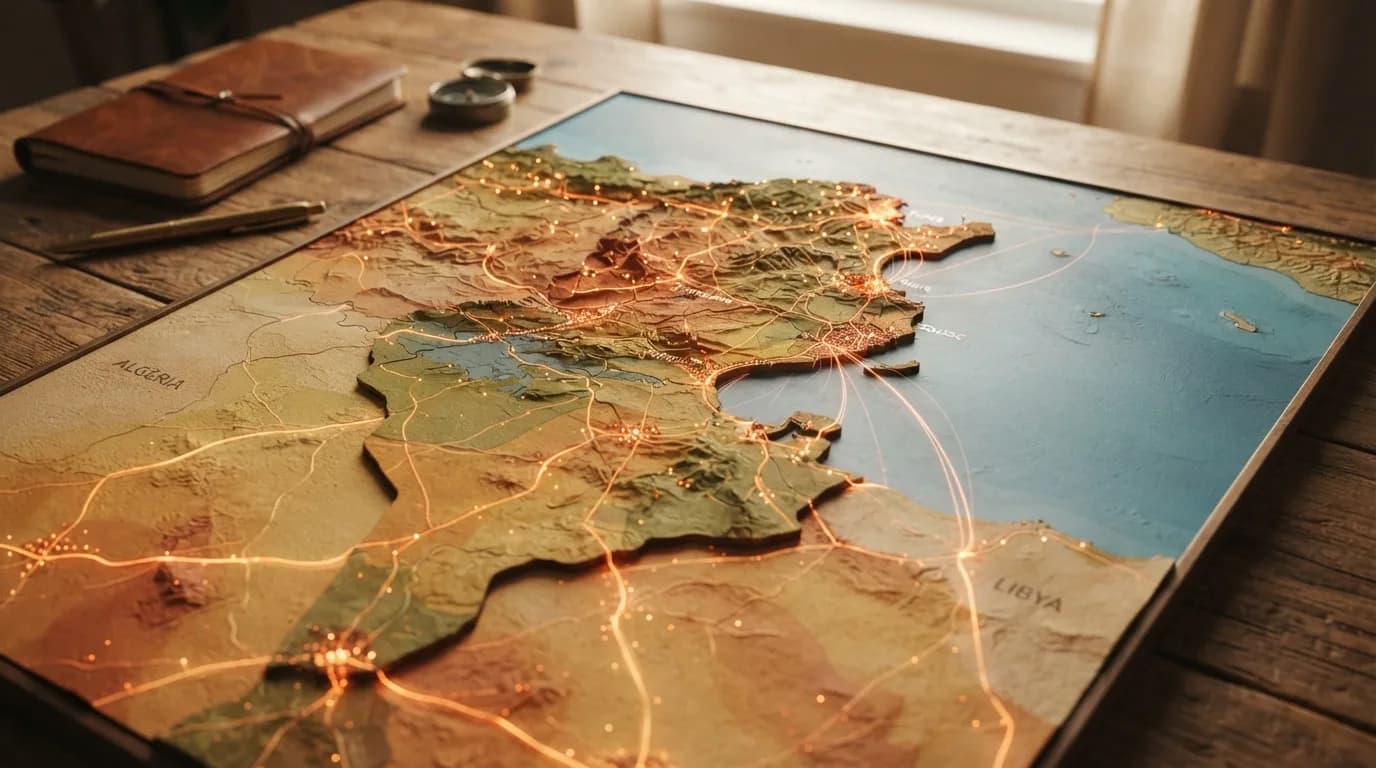 Mapa Tuniska s vyznačenými oblastmi pokrytí mobilní sítě, symbolizující konektivitu pro cestovatele.
