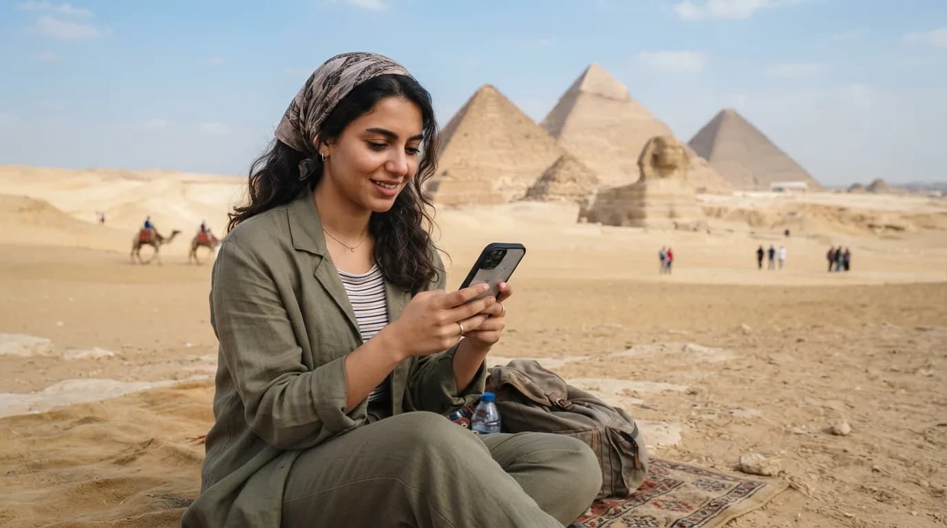 En person som holder en smarttelefon med en ørken og pyramider i bakgrunnen, symboliserer tilkobling i Egypt.