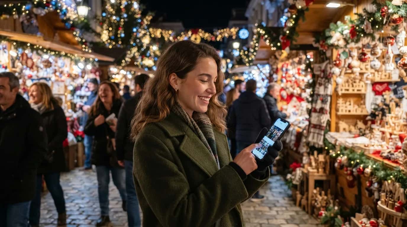 Osoba prohlížející si vánoční trhy v Řecku, drží telefon a sdílí fotografie s přáteli a rodinou.